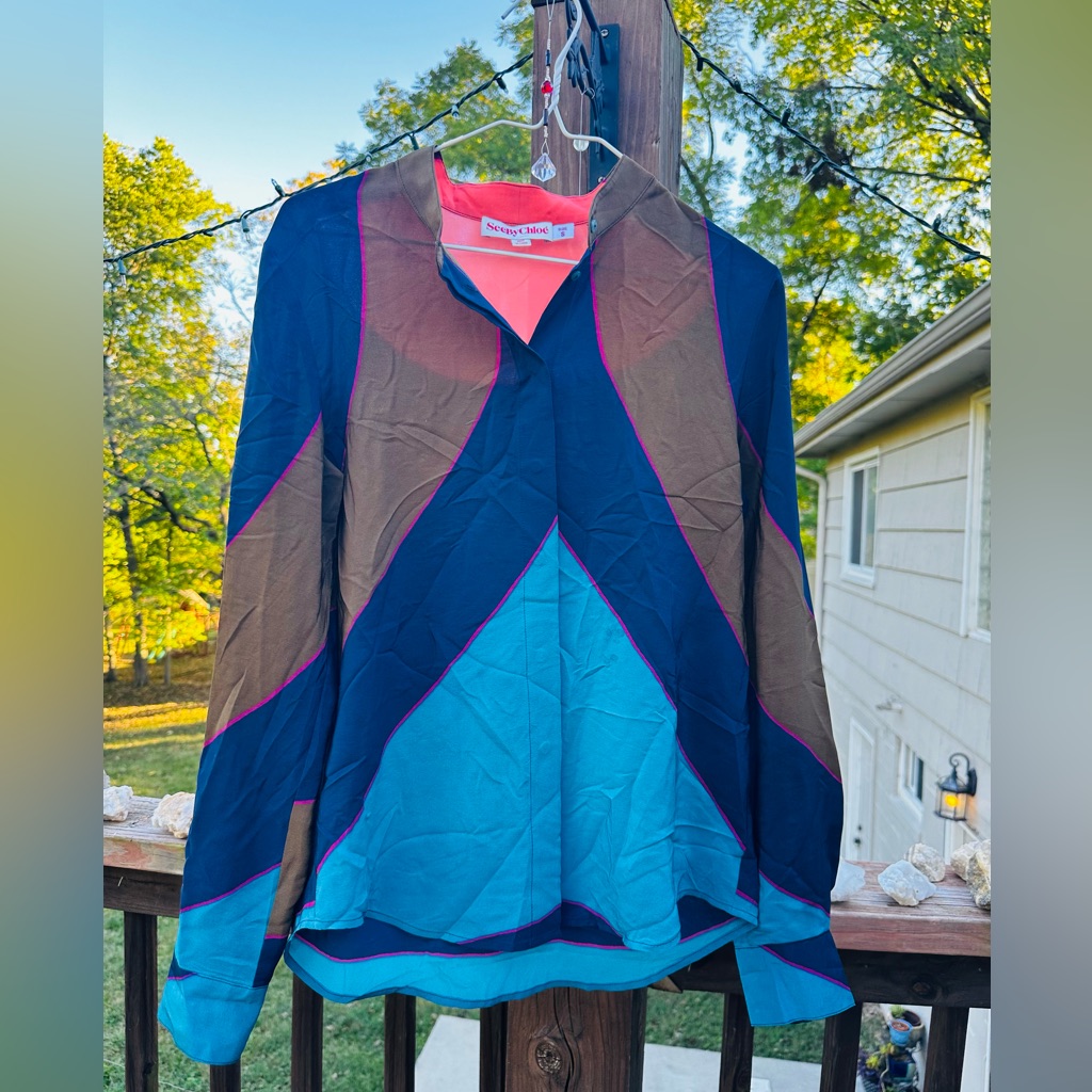 See By Chloe 100% Silk Button Up Women’s Top Hues Of Blue And Brown